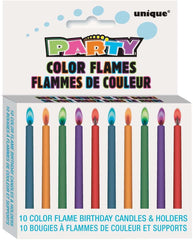 10 Colour Flame Birthday Candles & Holders