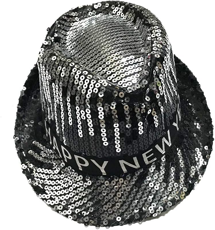 "Happy New Year" LED Sequin Fedora Hat -Gold/Silver