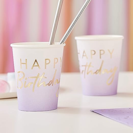 "Happy Birthday" Gold Foiled Lilac Ombre Cups - Pack of 8