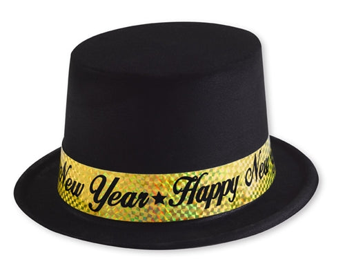 "Happy New Year" Black Top Hat with Gold Band