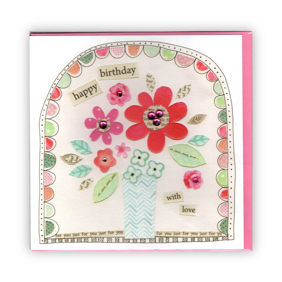"Happy Birthday With Love" Gem Embellished Flowers - Card